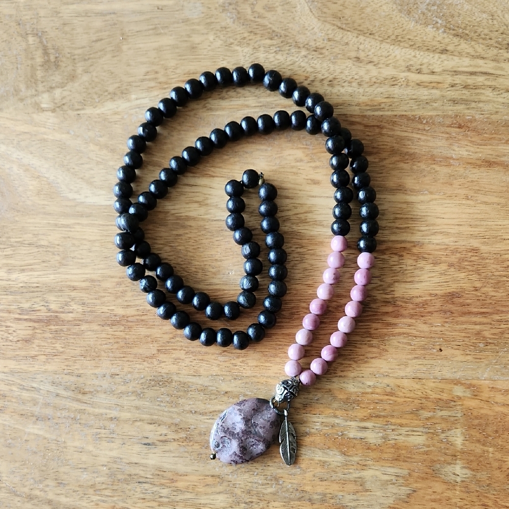 Black and Pink Beaded Necklace with Feather Pendant